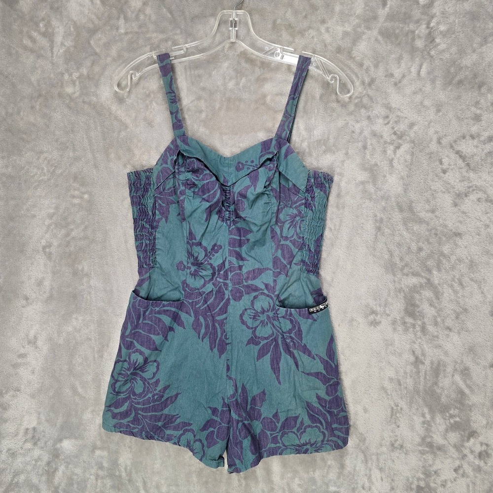 T&C Surf Romper Women S Teal Purple Floral Hibiscus Smocked Vintage Y2K Altered